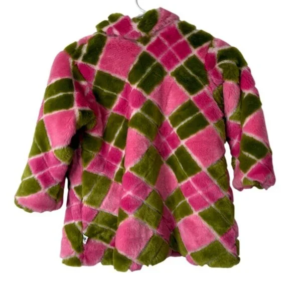 Corky & Company Girls Coat Pink Green Button-Up Jacket Argyle Faux Fur Size 4 - Picture 2 of 7